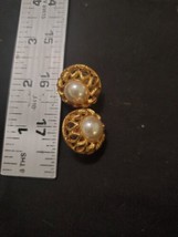 Vintage Napier Earrings White Pearl Gold Tone Openwork Ribbed Post - $10.45