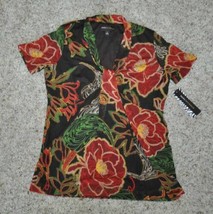 Womens Shirt Dana Buchman Brown Orange Floral Knot Front Short Sleeve Top $44- S - £12.65 GBP
