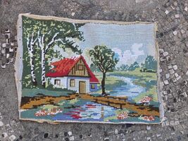 Vintage needlepoint picture, House by the river, retro finished needlepo... - $25.00
