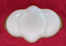 FIRE KING Oven Ware Milk Glass 3 Part Divided Relish Veggie Dish Beaded Gold Rim - £11.85 GBP