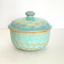 Vintage Celadon Blue Green Honeycomb Glazed Covered Bowl Lid Trinket Box 3.2&quot; - £43.82 GBP