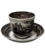 Antique Flow Mulberry Black Transferware Handleless Cup Saucer Vincennes... - $59.61