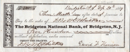 1889 Bridgeton National bank Check signed David F Hannan Antique - £21.36 GBP