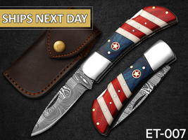Best Men Gift Pocket Survival knife USA Flag handle handmade Damascus steel fold - £58.99 GBP