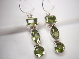 Faceted Peridot Marquise 925 Sterling Silver Dangle 3-Gem Earrings - £36.68 GBP