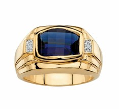 Blauer Saphir &amp; Diamant Akcent Herren 14K Vergoldet Silberring des Vaters Tag - £227.93 GBP