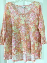 J Jill L Pink/Yellow Floral Lightweight Cotton/Poly Burnout Top T-Shirt 3/4 Slv - £14.94 GBP