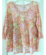 J Jill L Pink/Yellow Floral Lightweight Cotton/Poly Burnout Top T-Shirt ... - $19.00