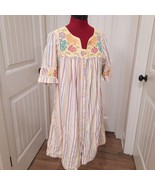 Go Softly Patio Dress sz Petite MEDIUM PM yellow stripes floral embroide... - $42.37 CAD