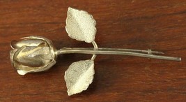 Vintage Fine Jewelry Sterling Silver ROSE Long Stem Bud Flower Brooch Pin - £14.12 GBP