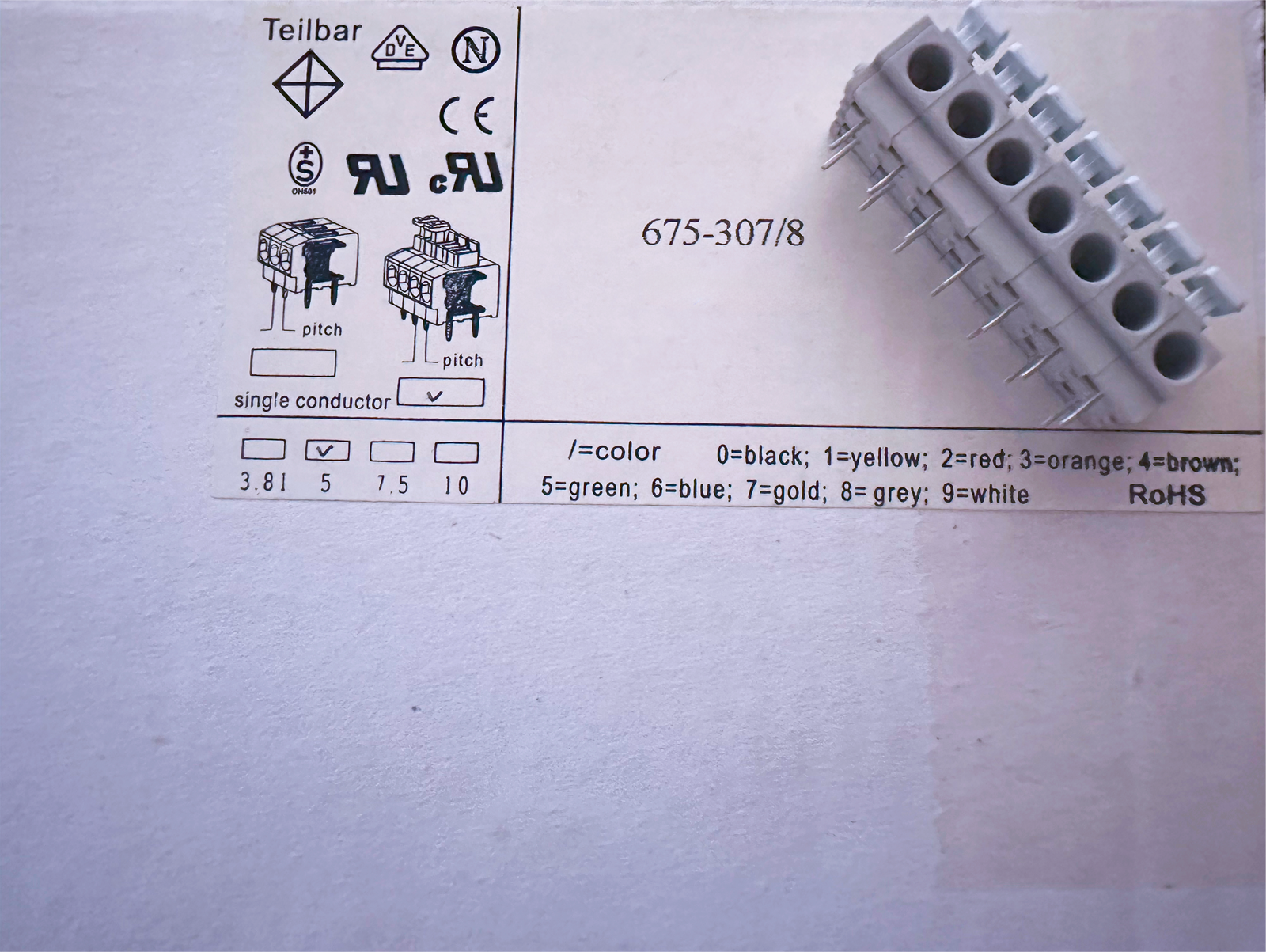 675-307/8 Teilbar PCB Terminal 675 7-Position 3.5mm Gray Front Entry Press - $3.30