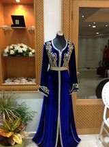 Fancy Long Caftan Velvet Moroccan Dubai Kaftan Gown Navyblue Abaya Dress Islamic - £80.11 GBP