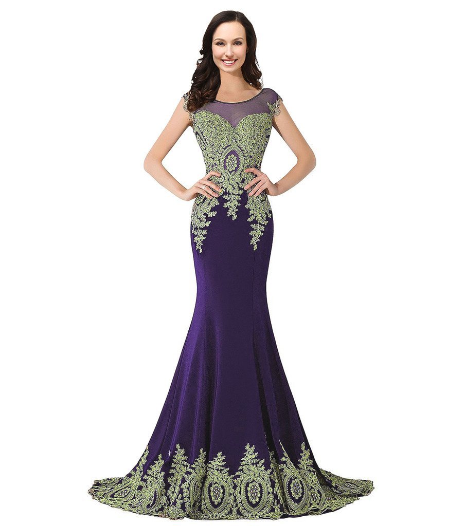 Sheer Bateau Long Mermaid Gold Lace Beaded Crystals Formal Prom Evening Dresses