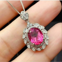 2.50Ct Oval Simulated Pink Sapphire Halo Pendant 14k White Gold Plated Silver - £74.73 GBP