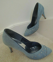 Ladies Shoes Size 8 1/2 B Denim Blue Fabric + Silver Studs 3 &quot; Heels $85... - £25.11 GBP