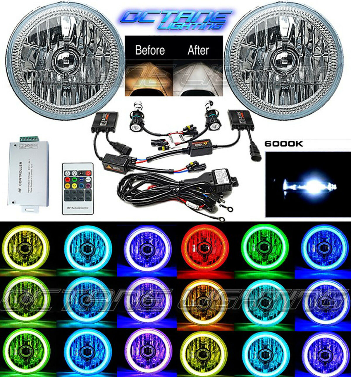 5-3/4 RF RGB SMD LED Color Change Halo Shift Angel Eye 6000K HID Headlights Pair - £158.94 GBP