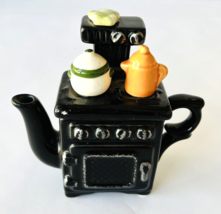 Old Fashioned Stove Figural Teapot Decorative Ceramic Black + Colored Pots 5&quot; - £23.30 GBP