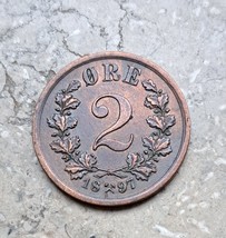 Norwegen 2 Ore 1897 Oscar II Bronze Münze Norwegischer Norden - $19.20
