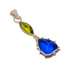 Blue Topaz, Peridot Gemstone 925 Silver Overlay Handmade Double Drop Pendant  - £7.98 GBP