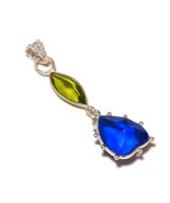 Blue Topaz, Peridot Gemstone 925 Silver Overlay Handmade Double Drop Pen... - $13.66 CAD