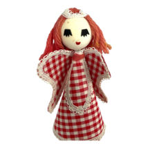 Vintage Red Gingham Christmas Angel Red Hair Checkered Cardboard Yarn Japan - £13.70 GBP