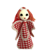 Vintage Red Gingham Christmas Angel Red Hair Checkered Cardboard Yarn Japan - £13.90 GBP