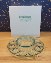 Longaberger Glass Deviled Egg Plate Platter 2001 Serving Dish Green Easter - $34.99