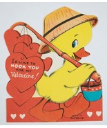 VINTAGE VALENTINE CARD YELLOW DUCK LIKE TO HOOK YOU FISHING DUCKY 1960s - €6,86 EUR