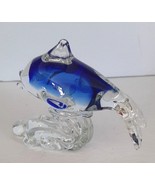 DOLPHIN Fish Blue Art Glass Sculpture Figurine Riding Ocean Wave 4 Inche... - $17.99
