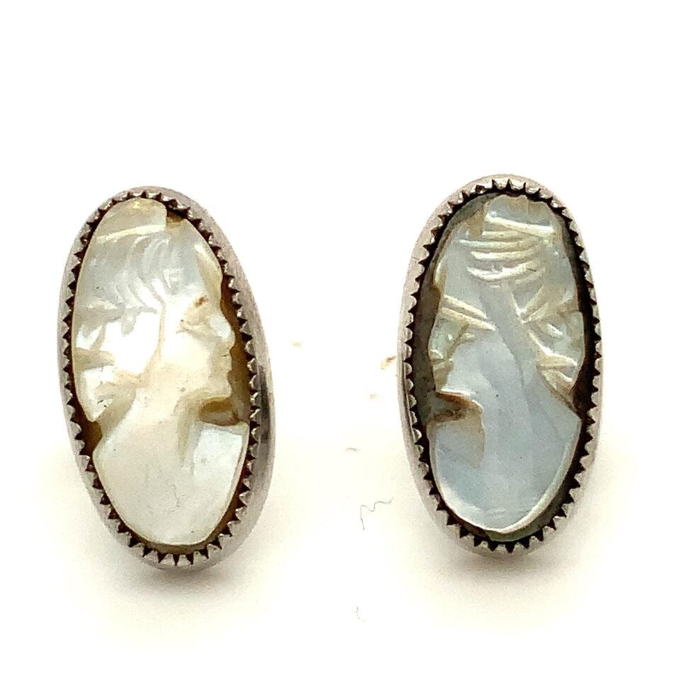 Primary image for Vintage Sterling Handmade Victorian Female Lady MOP Cameo Post Stud Earrings