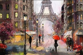 Eiffel Tower Rainy Day Vibrant Canvas Print Framed 12&quot; x 16&quot; NEW! - £10.95 GBP