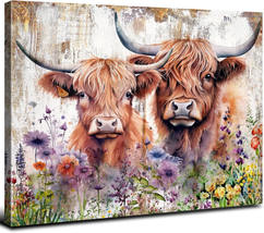 Farmhouse Highland Cow Wall Art Rustic Cow Floral Pictures Wall Decor Western Co - £25.59 GBP
