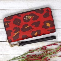 Coach Long Zip Around Wallet With Leopard Print in Bright Poppy C6428 New - $265.32