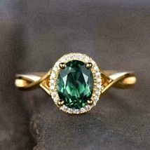 2.00Ct Oval Cut CZ Emerald Halo Engagement Wedding Ring 14K Yellow Gold Plated - £90.68 GBP