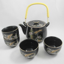 Japan Black Teapot 4 Tea Cups Set Pheasant Birds Chrysanthemum Dogwood F... - £19.41 GBP