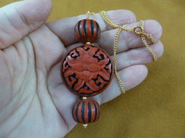 J27-7 Red CINNABAR carved wood lacquer bead jewelry 18&quot; Pendant gold necklace - £20.23 GBP
