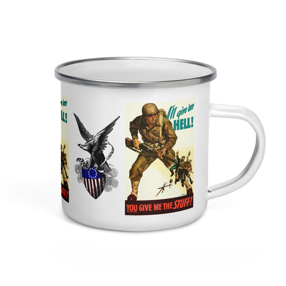 1942 US Army/Marines WW2 Poster Hot/Cold Enamel Camping Style 12 oz Beve... - $20.32