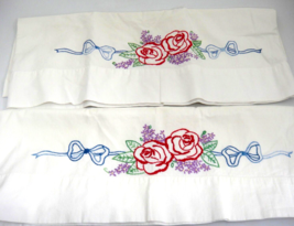 Vintage Hand Embroidered Pillowcases Set of 2 Standard 19&quot; x 29&quot; Red Roses - £11.29 GBP