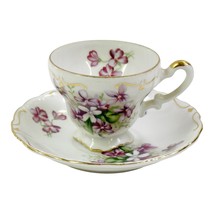 Vtg Cherry China Made in Japan Footed Teacup and Saucer Violets Purple Gold Trim - £11.50 GBP