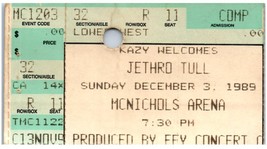 Vintage Jethro Tull Ticket Stumpf Dezember 3 1989 Denver Colorado - £34.24 GBP