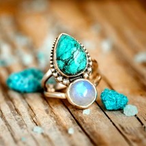 Boho Style Ring Inlaid Waterdrop Turquoise And Spherical Moonstone Match... - £23.50 GBP