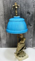 Figural Metal Lamp Girl in Shell Holding Parasol Turquoise Blue Glass Shade - £139.39 GBP