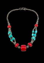 Boho Handmade Sterling Silver Turquoise Natural Coral Beaded Choker Necklace - £68.14 GBP