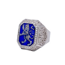 14K White Gold Men&#39;s Signet Ring Lion of Judah with 38 Diamonds &amp; Blue Enamel - £1,459.62 GBP