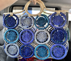 HAT ATTACK Large Medallion Straw Woven Basket Tote Bag Multi-color Blues... - £137.61 GBP
