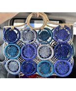 HAT ATTACK Large Medallion Straw Woven Basket Tote Bag Multi-color Blues... - £137.84 GBP