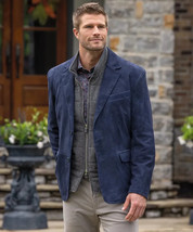 New Men&#39;s Navy Blue Suede Leather Blazer Soft Sheepskin Handmade Slim Fit Coat - £93.84 GBP+