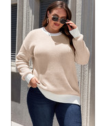 Brown Stripe Plus Size Contrast Trim Crew Neck Rib Knit Drop Shoulder Sw... - $48.19 CAD