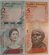 Two Uncirculated Bolivares Banknotes:  2 & 5, Venezuela - $1.95