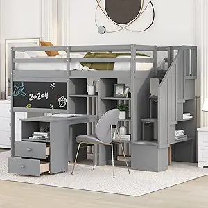 Stairway Twin Size Loft Bed With Pullable Desk, Stairs, Storage Shelves,... - $926.99